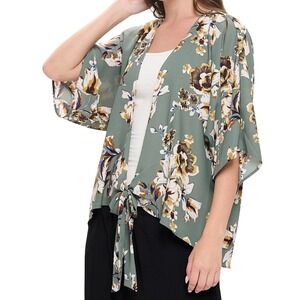 West Kei Kimono Wrap Top Womens Size S Green Floral Tie Front Short Sleeve